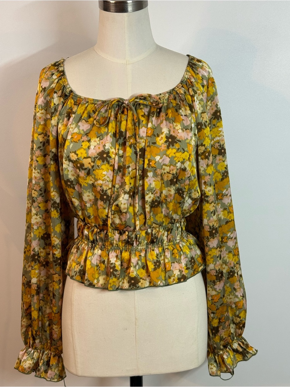 Papaya Floral Scoop-Neck Peasant Blouse in Mustard, Olive and Pink